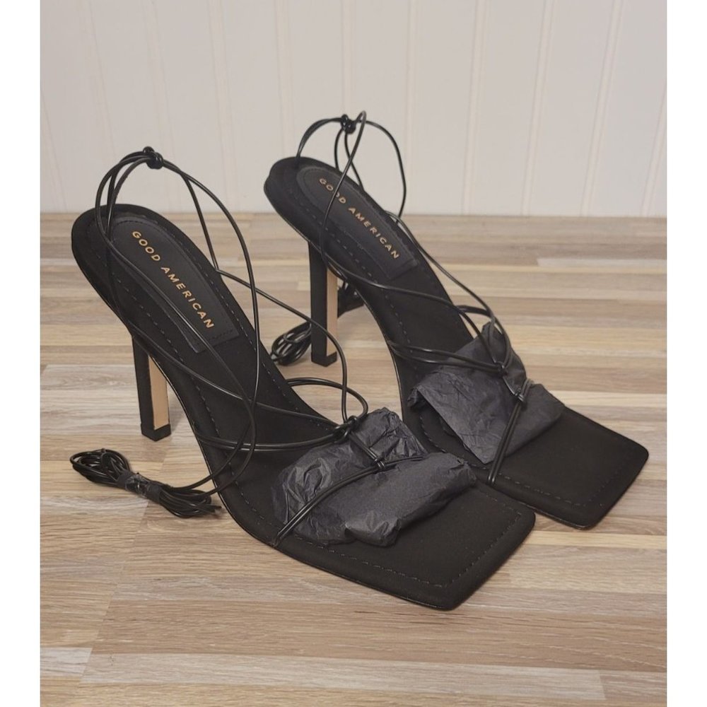NIB Good American Cage Slanted Black Neoprene Lace-Up Heels, Size 9.5 Neoprene